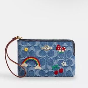 Corner Zip Wristlet in Signature Denim With Embroidery NWT